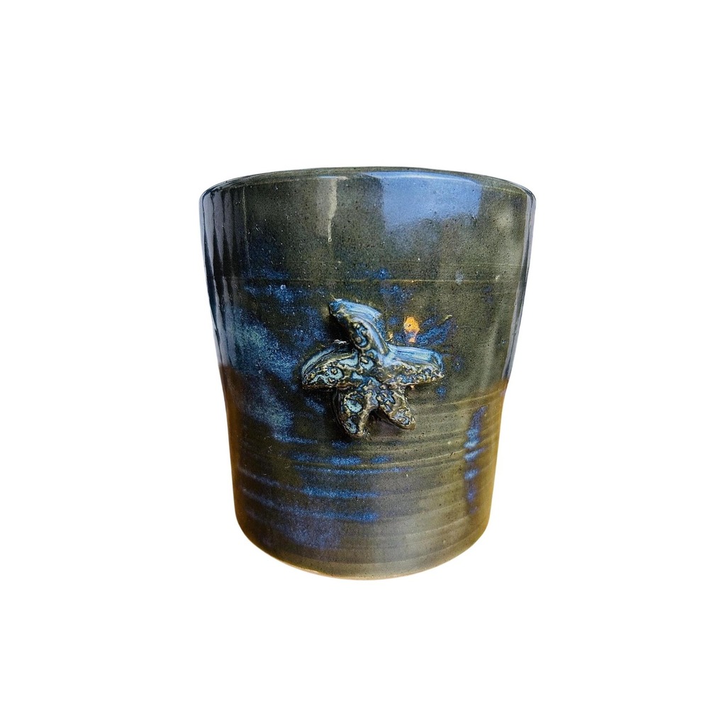 Signed Coastal Studio Pottery Green Blue Glazed Vase Starfish Planter Ceramic